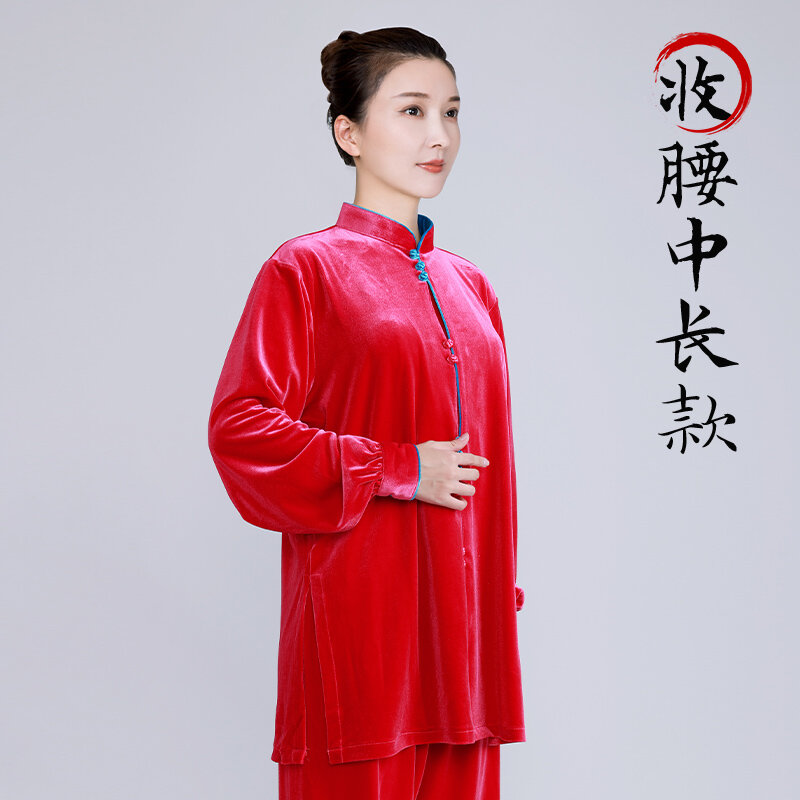 Vestido feminino de veludo dourado de alta qualidade Wudang Taiji, roupa prática Tartan, estilo longo grosso, outono e inverno