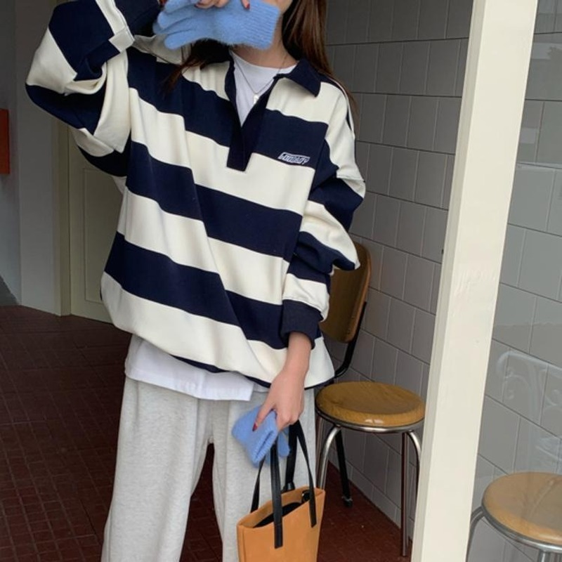 Deeptown Vintage Women Striped Sweatshirts Korean Style Harajuku Preppy Casual Female V Neck Polo Pullovers Streetwear Loose BF