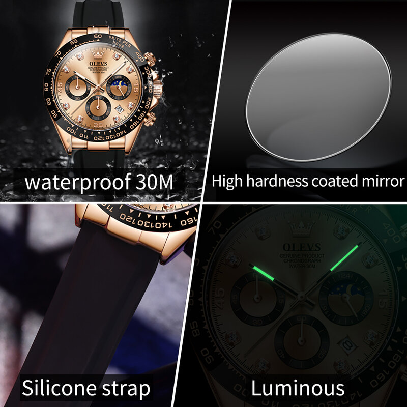 OLEVS jam tangan kuarsa multifungsi pria, arloji mewah fase bulan tahan air, jam tangan olahraga dengan fitur tanggalan bercahaya modis untuk pria