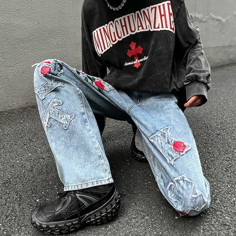 European and American Hiphop Pants Baggy Wide-leg Pants Three-dimensional  Embroidered Jeans Hipster Ins High Street Men's Pants