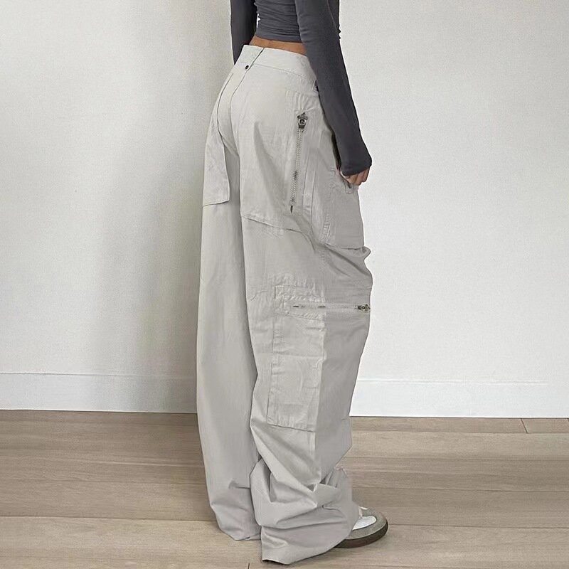 Übergroße graue Cargo Jeans Streetwear Reiß verschluss große Tasche Patchwork Baggy Denim Hosen Frauen Freizeit hose koreanisch y2k