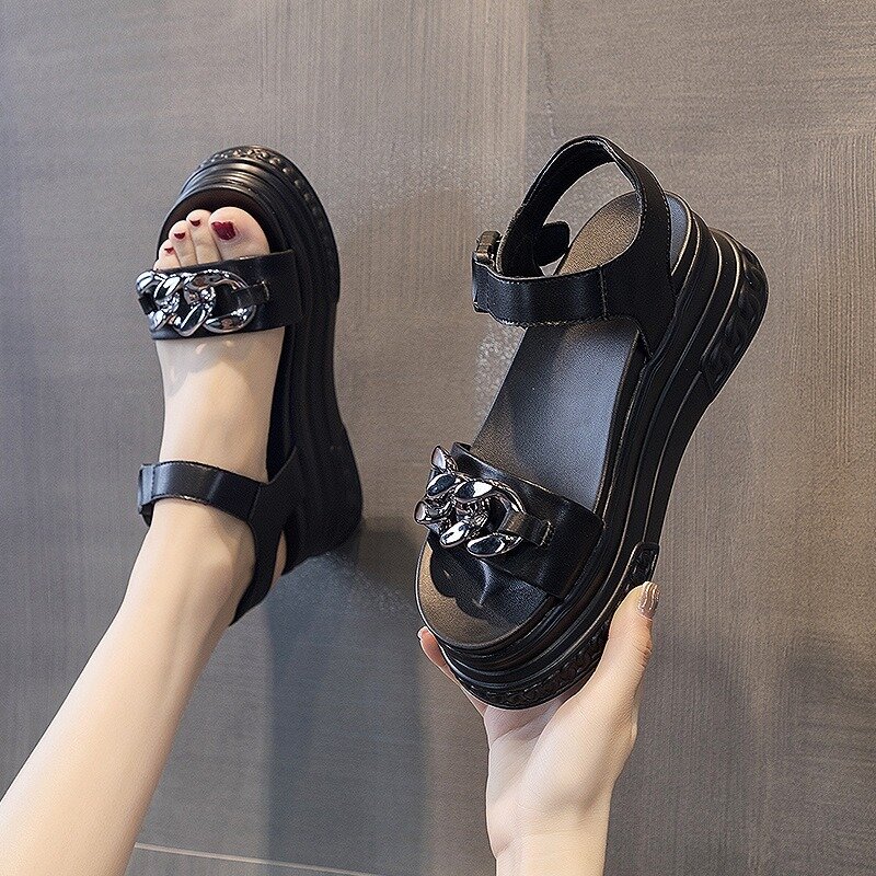 Couro genuíno sandálias plataforma para as mulheres, sapatos de cunha, dedo do pé aberto, sapatos de praia, preto, moda, 7cm