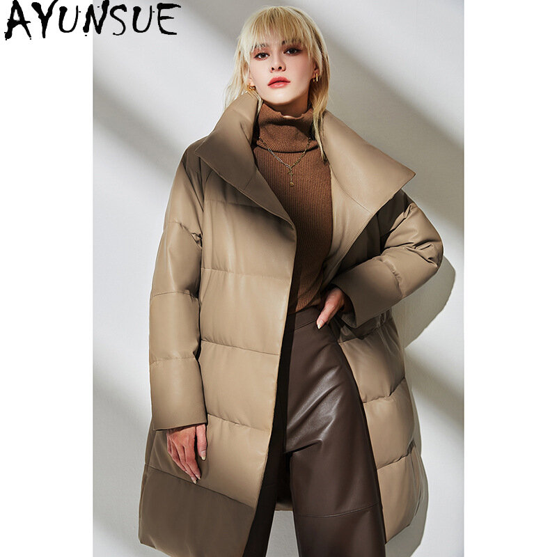 AYUNSUE-Veste en cuir véritable pour femme, manteau en peau de mouton véritable, 90% duvet d'oie blanche, col montant, parkas chaudes mi-longues, mode