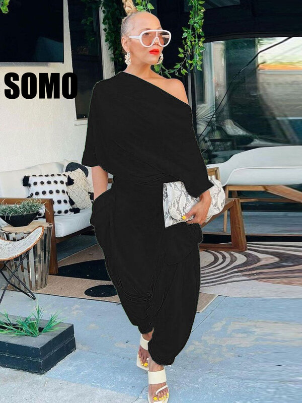 SOMO Plus Size Women Jumpsuit Solid Color Loose Backless O Neck Pleated Romper Women Jumpsuit Overalls Wholesale Dropshipping