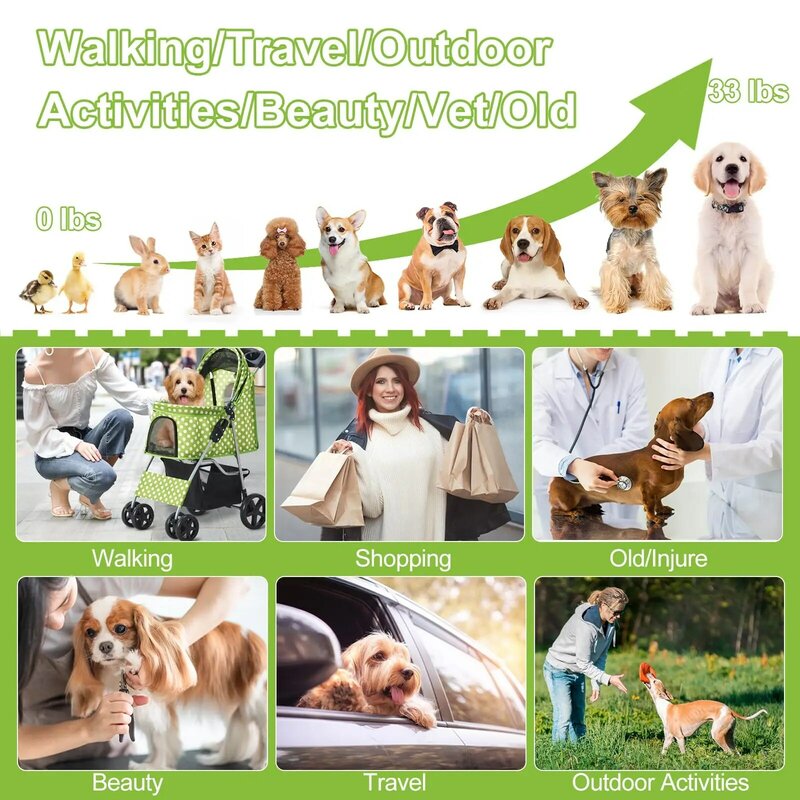 Green Dot Journey: Pet Stroller for Medium/Small Dog, Folding 4-Wheel Jogger, Cage (Dot Green)
