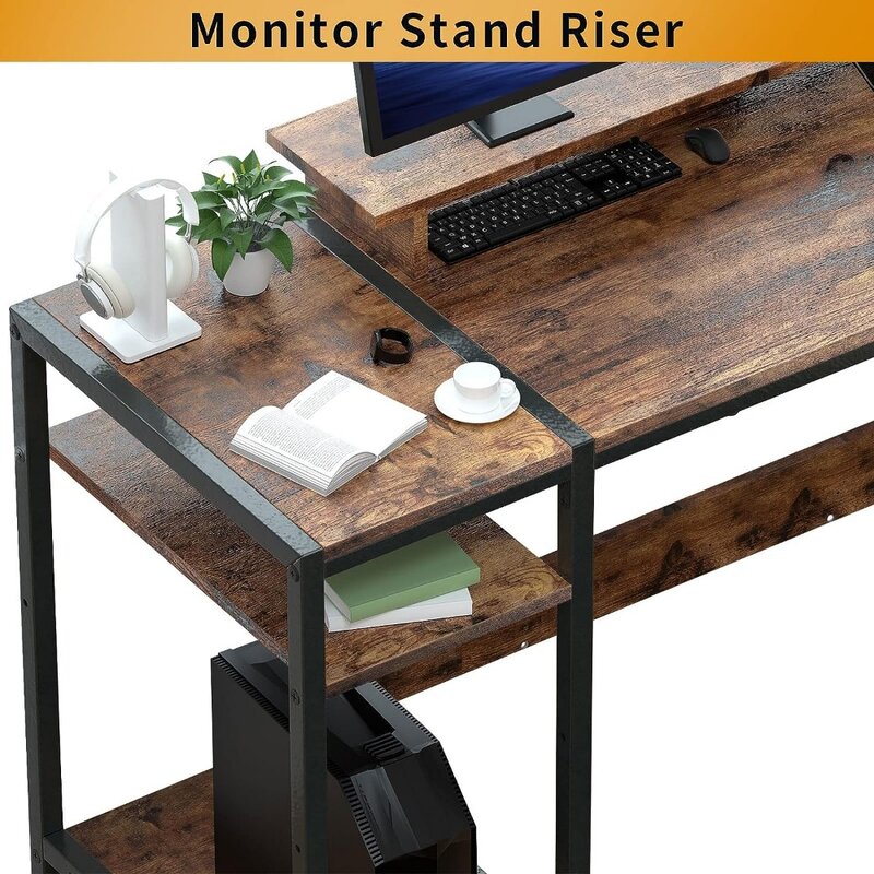 Biurko do gier/komputera-47 "domowe biurko z podstawa monitora, rustykalne biurko na 2 monitory, przestrzeń magazynowa z regulacją