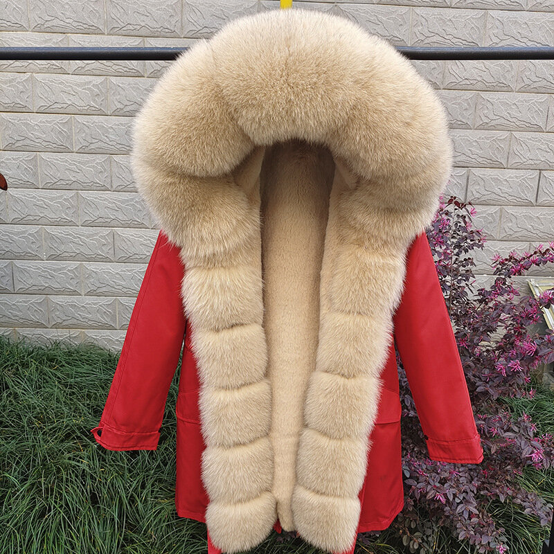 Winter New Women Parka True Fox Fur Door Placket Fur Collar Natural Rabbit Inner Liner  Warmth  Slimming Mid-length Coat