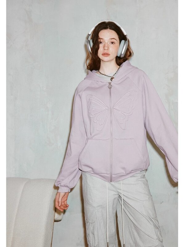 Корейская мода, свободная и ленивая Толстовка Miiiix с розовыми бабочками, весна 2024, новый дизайн, ощущение кардигана, пальто, женская одежда