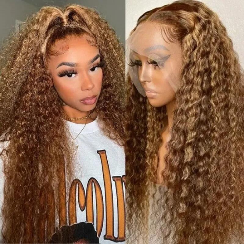 Destaque peruca do cabelo humano 13x6 onda profunda encaracolado colorido mel loira laço frontal perucas de cabelo humano para as mulheres ombre peruca dianteira do laço