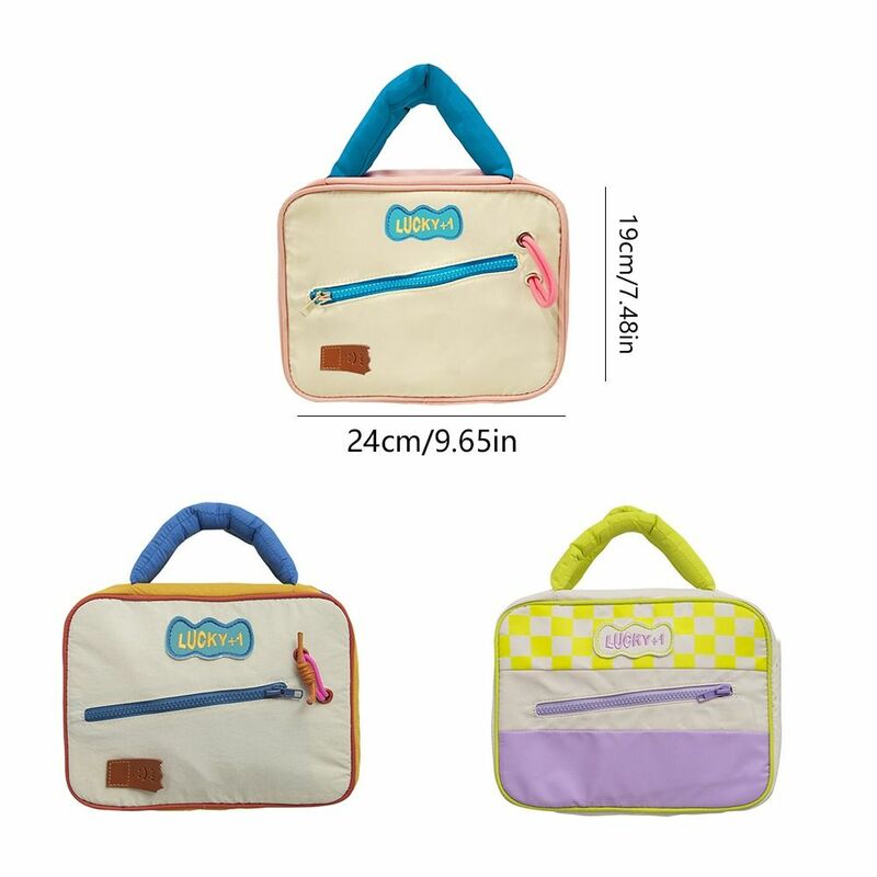 Large Capacity Contrasting Colors Cosmetic Bag Toiletries Organizer Cotton Stuffed Handle Makeup Pouch Bag Handbag Korean Style