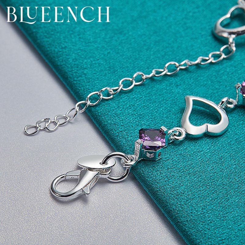 Blueench 925 Sterling Silver Zircon Heart Link Bracelet for Women Everyday Fashion Jewelry