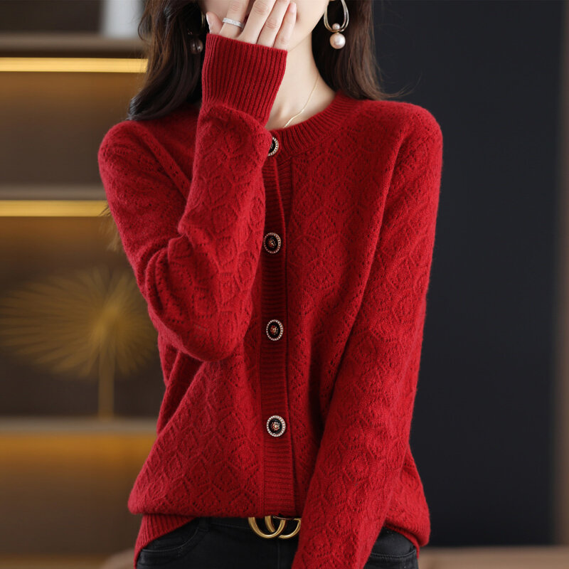 Suéter de lana pura para mujer, cárdigan hueco de cuello redondo, informal, abrigo, Top de estilo coreano, otoño e invierno, 100%