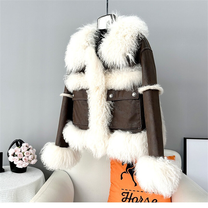 Новинка 2023, зимнее короткое меховое пальто из кроличьего меха, модная облегающая куртка из натуральной шерсти с воротником из овечьей шерсти для молодых девушек, JT442