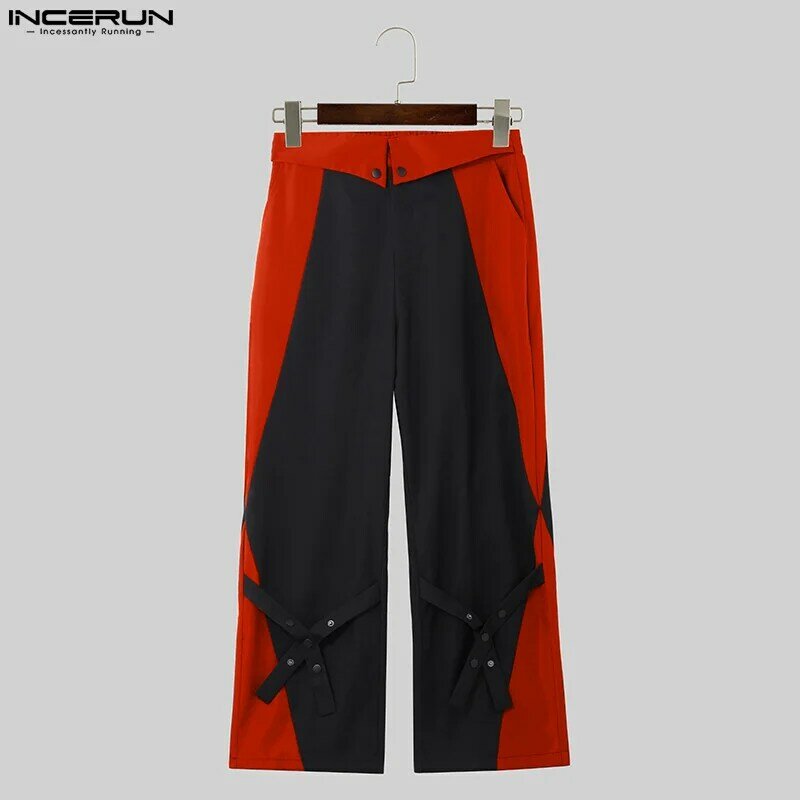 INCERUN 2024 Korean Style New Men Trousers Patchwork Cross Design Long Pants Casual Streetwear Contrasting Color Pantalons S-5XL