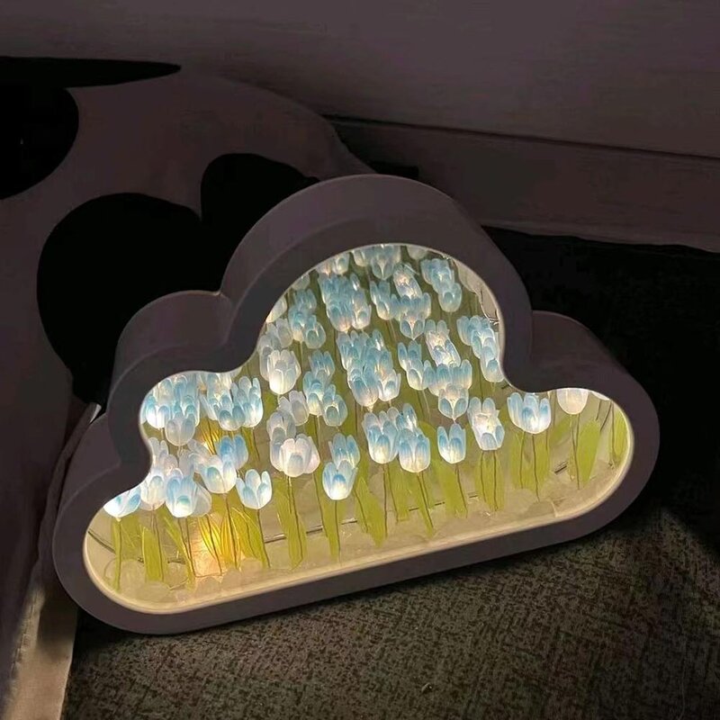클라우드 튤립 램프 미니 정원 야간 LED 조명, 메이크업 거울 장식, 침대 옆 책상 장식, 여아용 생일 선물, 20x13x4cm