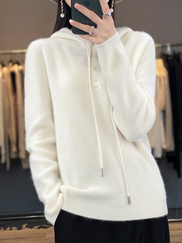 Alisreaching-Pull à capuche 100% laine mérinos pour femme, pull décontracté à manches longues, manteau en cachemire, mode coréenne, automne et hiver