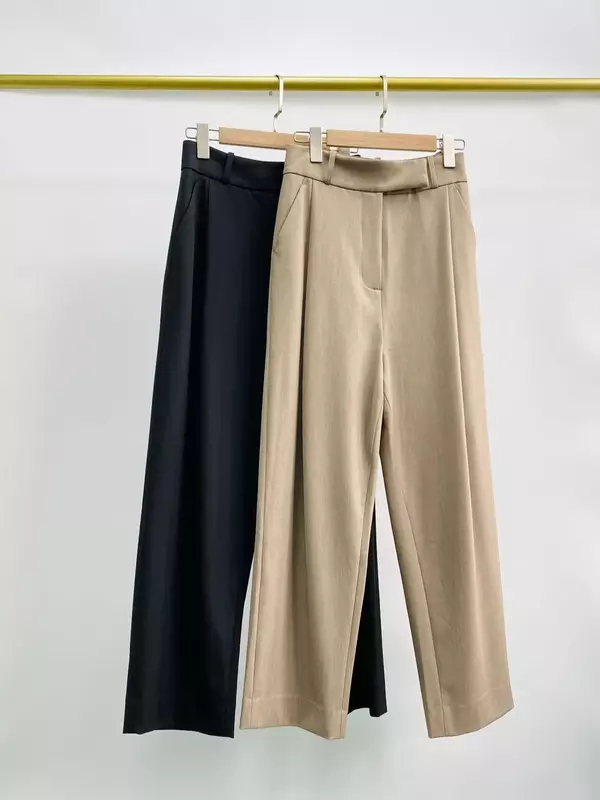กางเกงขายาวเอวสูงมีซิป celana setelan สำหรับผู้หญิงกางเกงทำงานผ้าวูลจับจีบทรงตรงสำหรับฤดูใบไม้ร่วงและฤดูหนาว