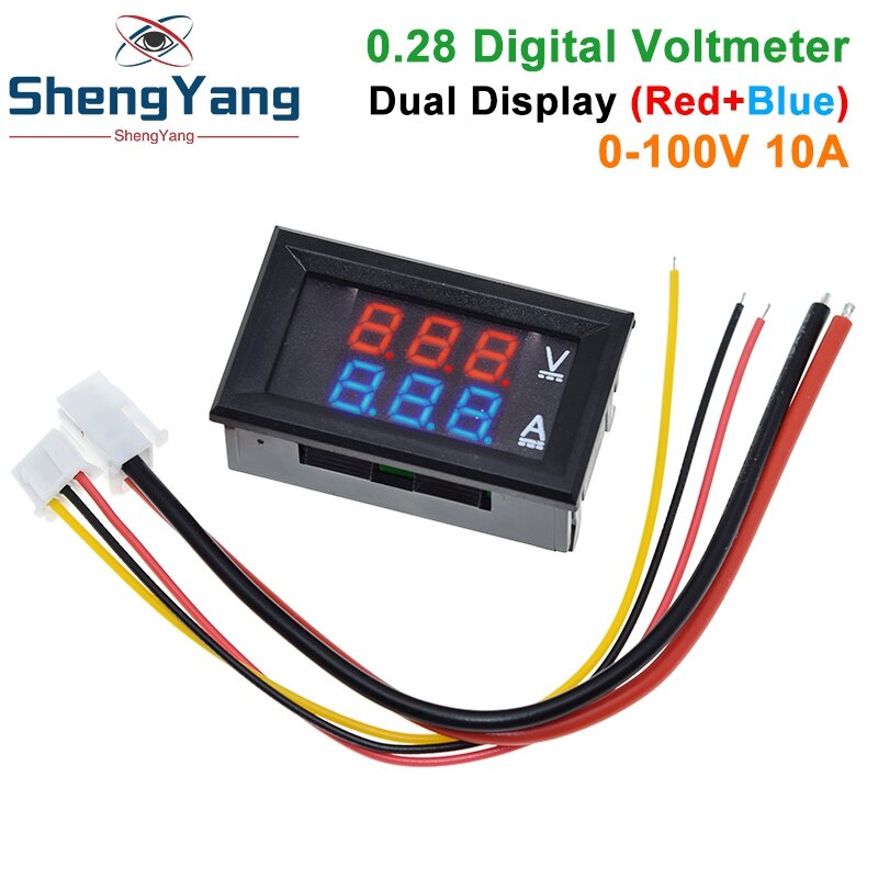 TZT Voltmeter Digital, Ammeter DC 100V 10A pengukur arus tegangan 0.28 inci Panel layar LED ganda dengan kabel koneksi