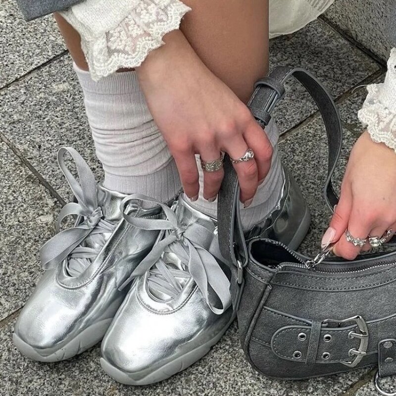 Балетки женские серебристые, элегантные туфли на плоской подошве, с квадратным носком, без застежки, осень-весна