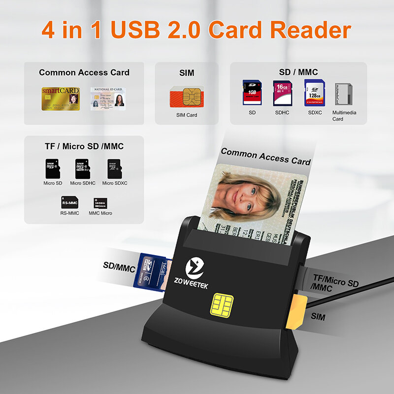Zoweetek-Leitor de cartão inteligente multifuncional para Micro SD, memória TF, banco de identificação, EMV, USB 2.0