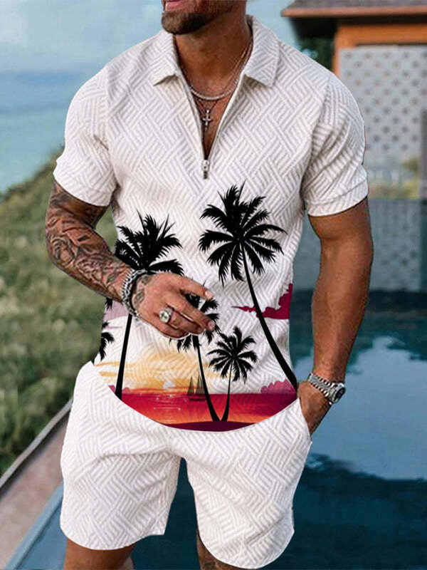 New Summer Beach Element 3D Print Men's Sweatsuit set Casual Zipper Collar Polo Shirt And Shorts 2pcs Sets Fashion Man Clothing