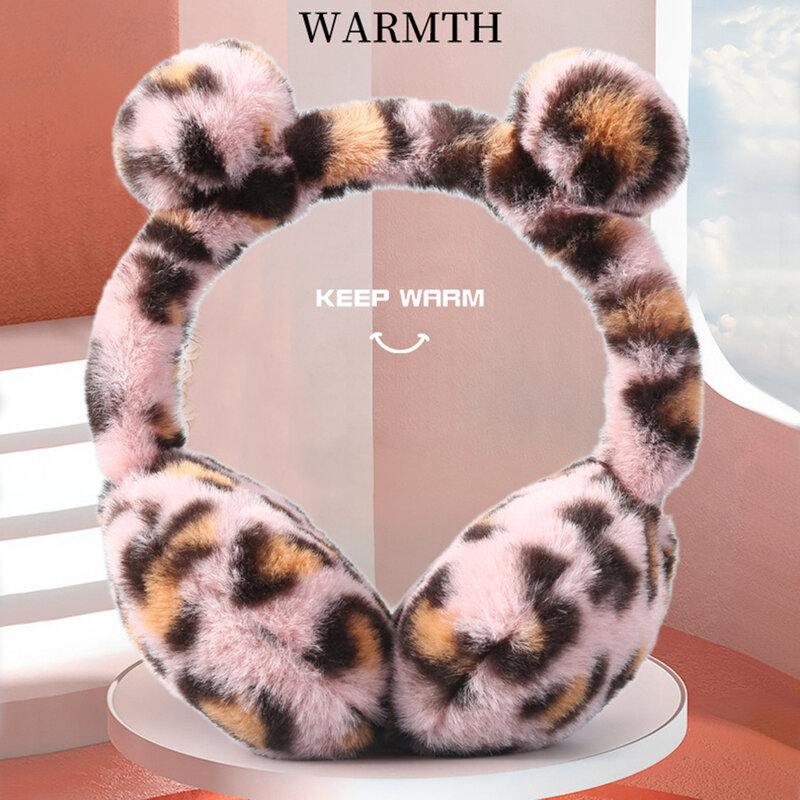 Penutup telinga bulu macan tutul lembut, Earmuff mewah lucu kucing musim gugur musim dingin, Headphone hangat dewasa anak-anak