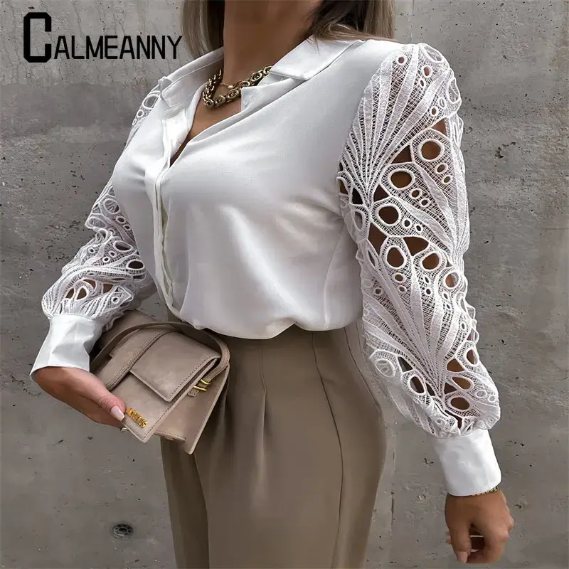 Blusa de manga larga con cuello en V para mujer, camisa elegante de encaje, Color sólido, Estilo Vintage, para verano y otoño