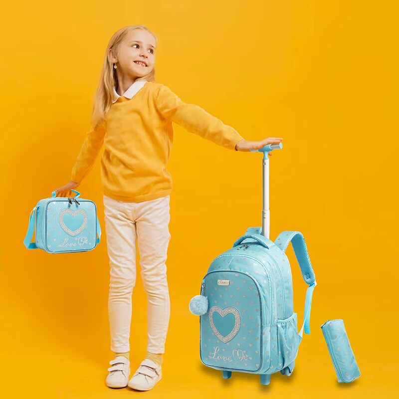 Mochila de rodas infantil com lancheira, Mochila de rolamento escolar com rodas, Trolley Bag para meninas