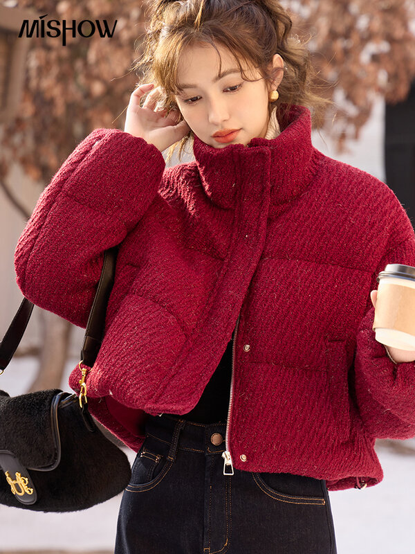 Mislow Rode Donsjack Vrouwen Herfst Winter Koreaanse Cropped Opstaande Kraag Warme Puffer Jassen Nieuwjaar Dikke Outwears Mxc58y0030
