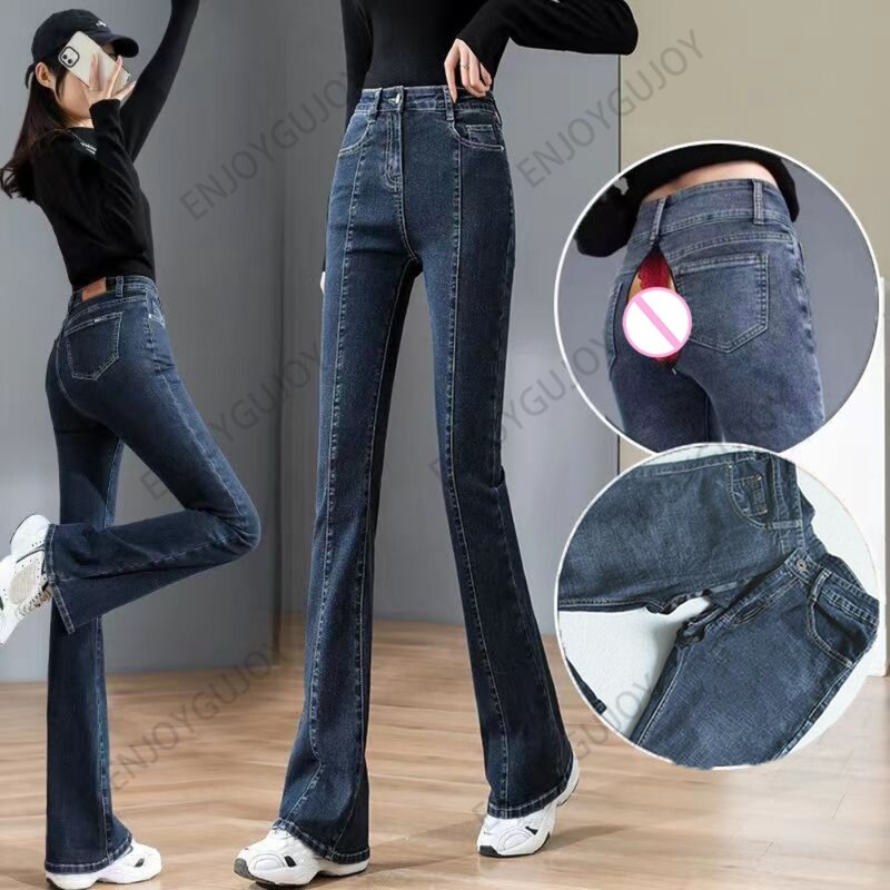 Niewidoczne otwarte krocze seks na zewnątrz obcisłe dżinsy typu Boyfriend damskie z wysokim stanem Slim Fit proste spodnie jeansowe