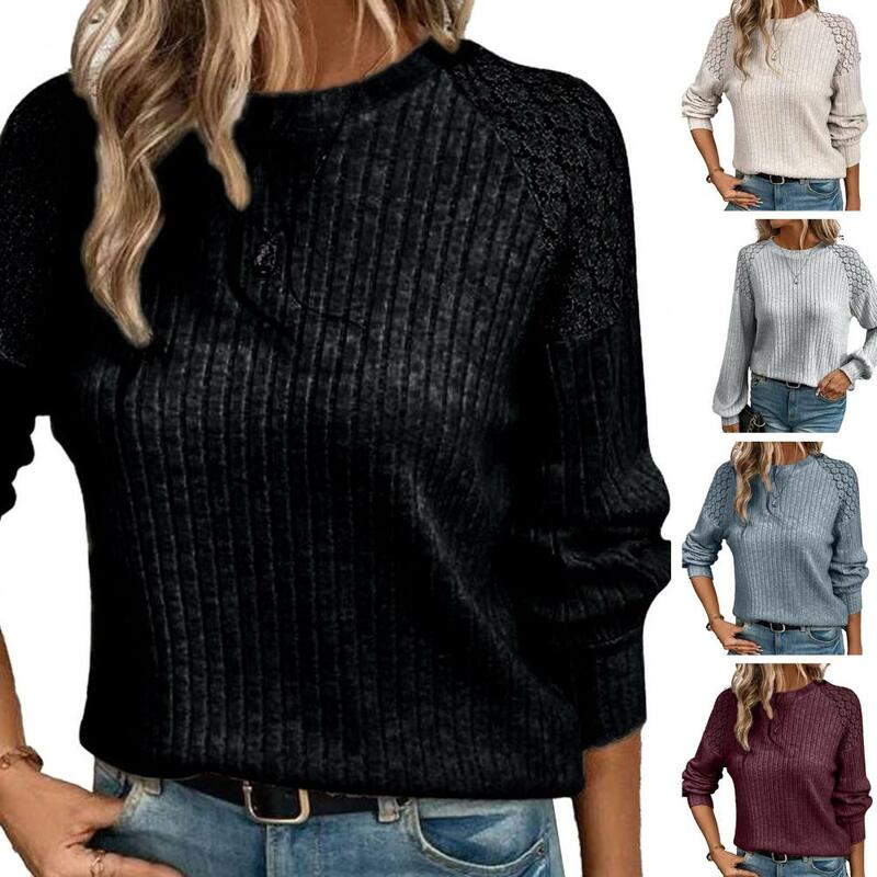 Women Spring Fall Top Flower Applique Round Neck Solid Color Striped Texture Soft Lace Patchwork Warm Lady Blouse