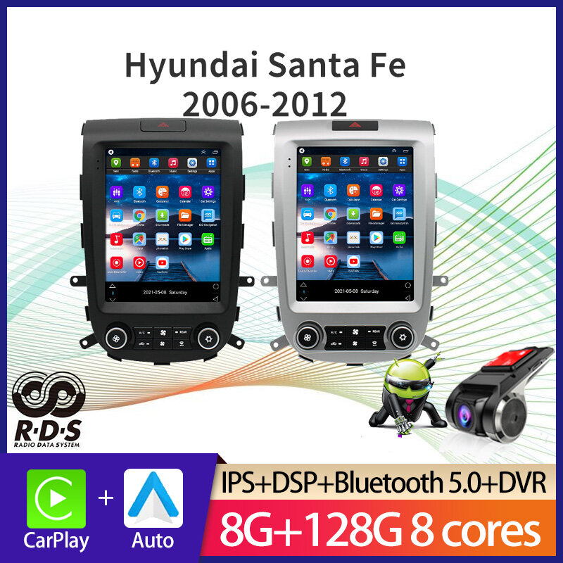 Автомобильный мультимедийный плеер на Android с GPS-навигацией в стиле Тесла для Hyundai Santa Fe 2006-2012, автомобильное радио, стерео с Wi-Fi и зеркальным со...