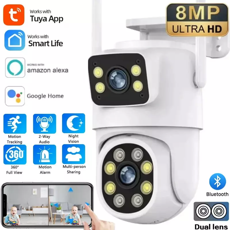 Камера видеонаблюдения с двойным объективом, уличная камера ПНН с Wi-Fi, 4K, 8 Мп, двойной экран Full HD, автоматическое слежение за людьми, 4 МП