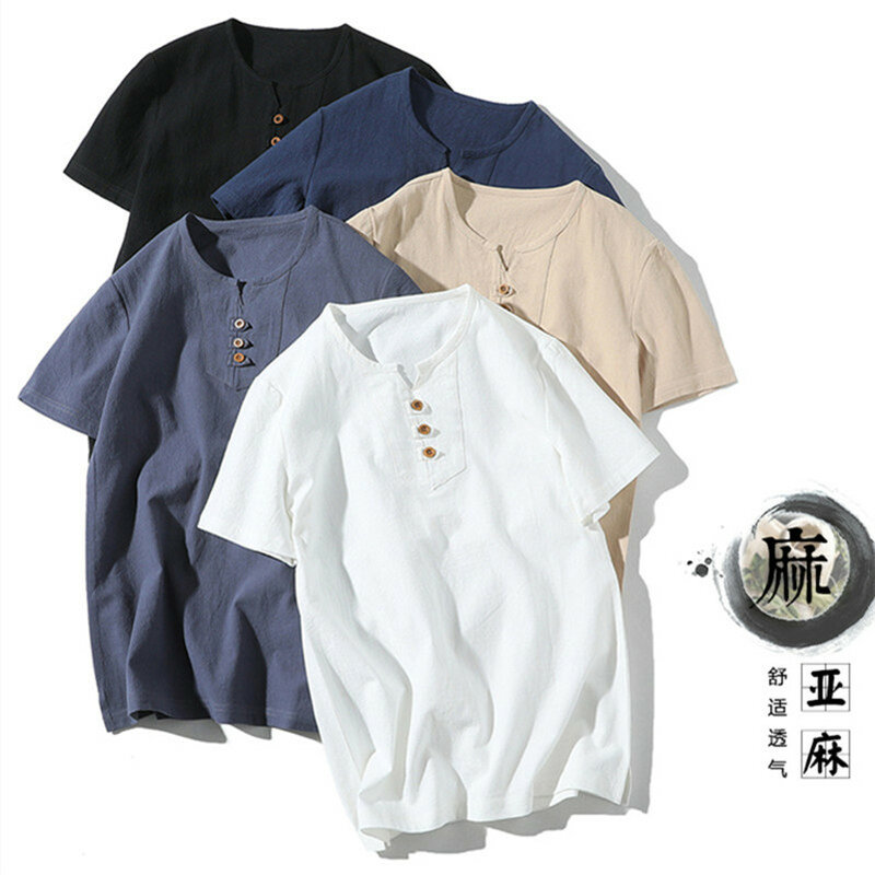 メンズ半袖コットンとリネンのシャツ,レトロスタイルのバギーTシャツ,Vネックの無地ボタン,ラージサイズの服,M-7XL