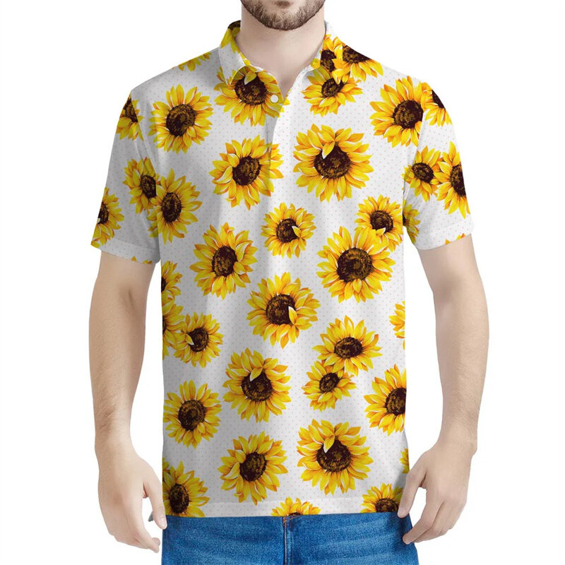 เสื้อโปโลพิมพ์ลายดอกทานตะวันสีเหลืองสำหรับผู้ชายเสื้อยืดติดกระดุมแขนสั้นลายกราฟิกภาพดอกไม้สำหรับ3D ใหม่