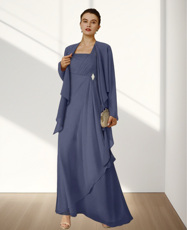 A-Line Mother of the Bride Dress Wedding Guest Elegant Square Neck Chiffon Long Sleeve with Crystal Brooch Ruching 2024