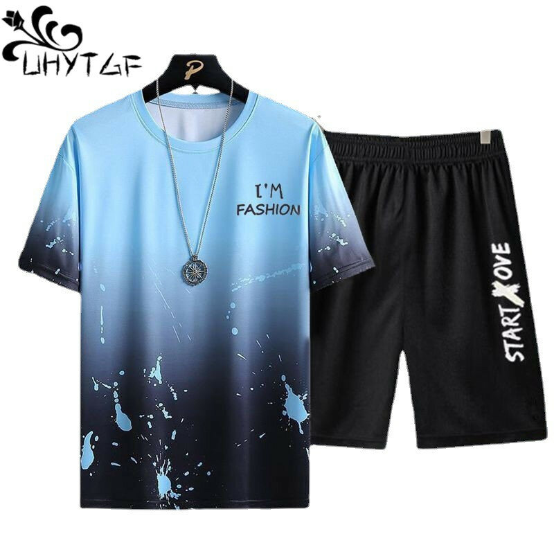 UHYTGF Wholesale Summer Two-Piece Set Men's Short Sleeved Top +Shorts Casual Male Clothing Crewneck Pullovers Tracksuit Men 286