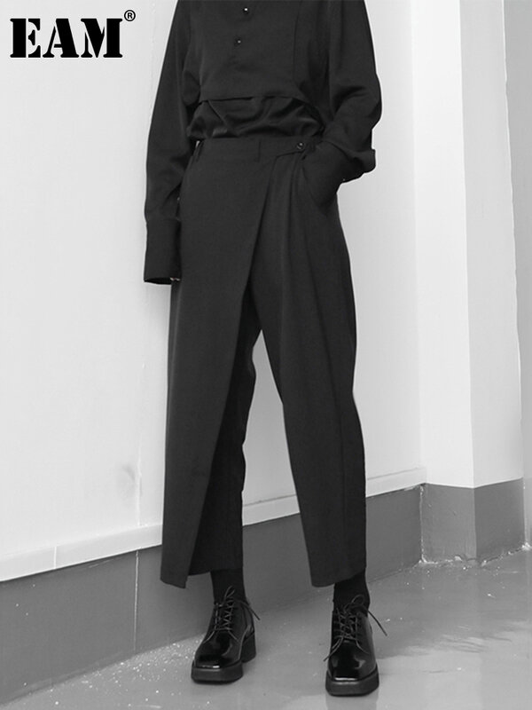 EAM-Calças compridas plissadas pretas de cintura alta elástica, nova calça solta, maré fashion, primavera e outono, 1S430, 2024