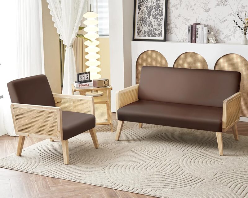 Sofa rattanowa, rozkładana sofa do salonu z rattanowym podłokietnikiem, zestaw wypoczynkowy, aksamitny brązowy fotel