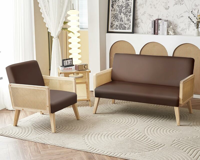 Rattan Sofa, Sofa Chair for Living Room with Rattan Armrest, Loveseat Sofa Set, Velvet Brown Armchair