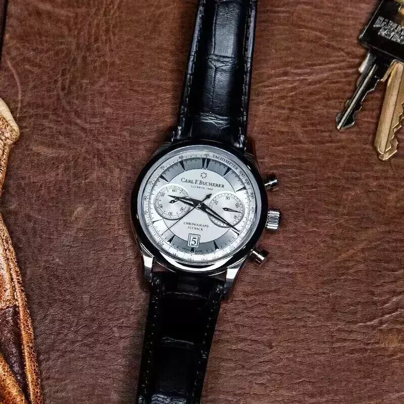 New Carl F. Bucherer jam tangan Marley Dragon Flyback kronograf, jam tangan mewah, jam tangan Quartz tali kulit warna abu-abu Biru Dial atas, jam tangan untuk pria