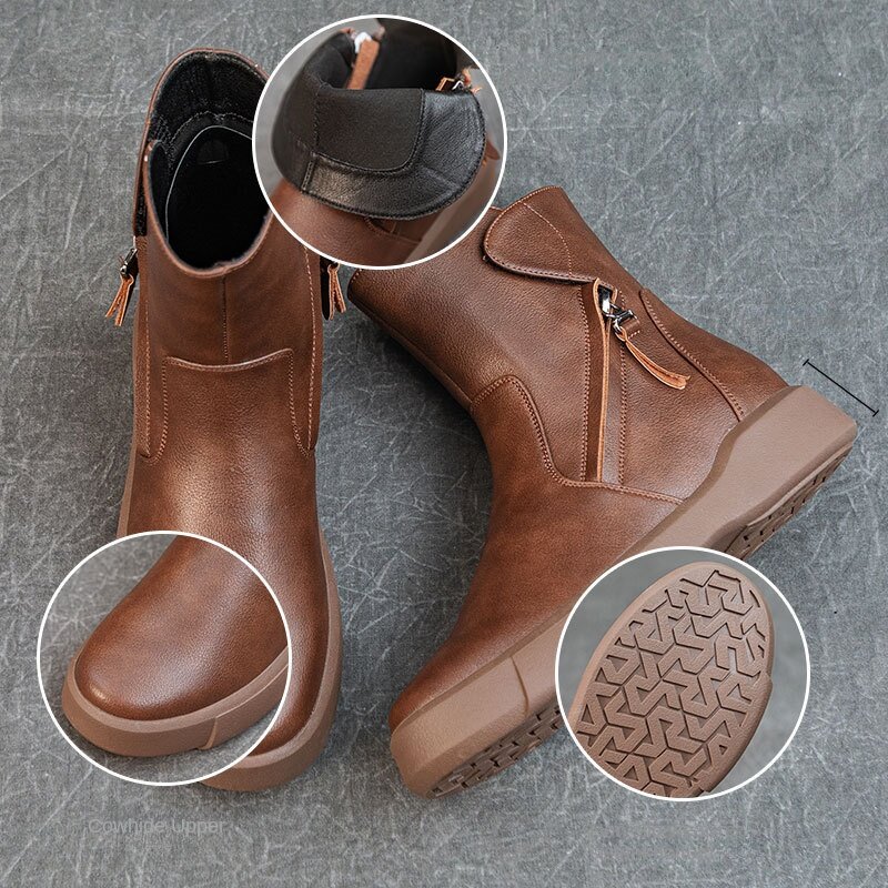أحذية جلدية أصلية غير رسمية للنساء ، سحابات جانبية ، منصة مضادة للانزلاق عتيقة ، أحذية متعددة الاستخدامات ، موضة الخريف والشتاء