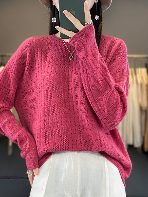 New Chic Women Spring Autumn Sweater Hollow Long Sleeve O-Neck Pullover 100% Merino Wool Knitted Loose Jumper Female Clothing