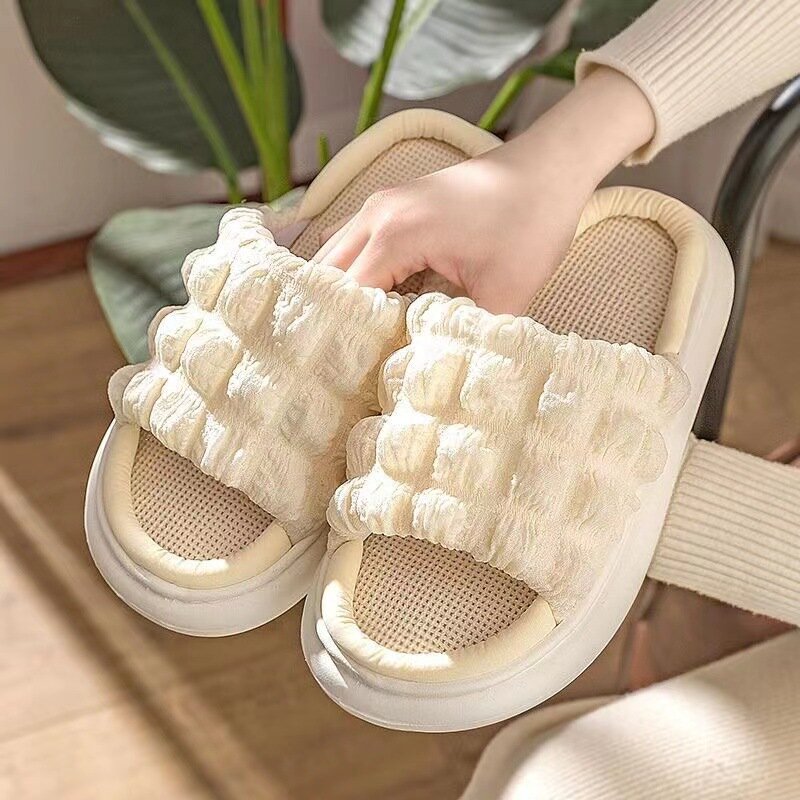 Pantofole di lino per uso domestico per donna pantofola da casa in cotone e lino per interni quattro stagioni e suole spesse per abbigliamento Outdoor.