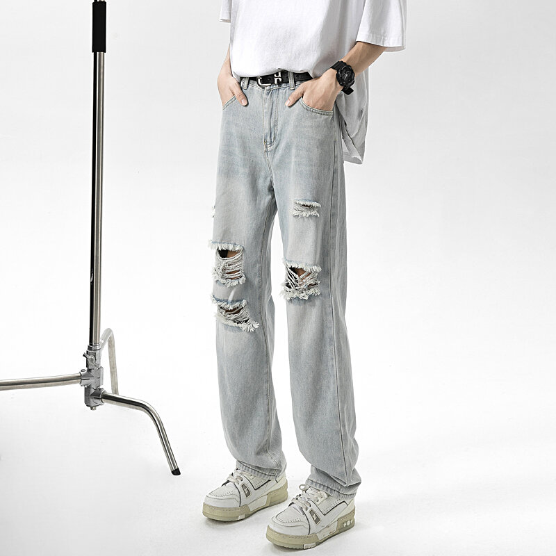男性用の通気性のあるジーンズ,流行のストリートパンツ,夏用,新しいコレクション2024