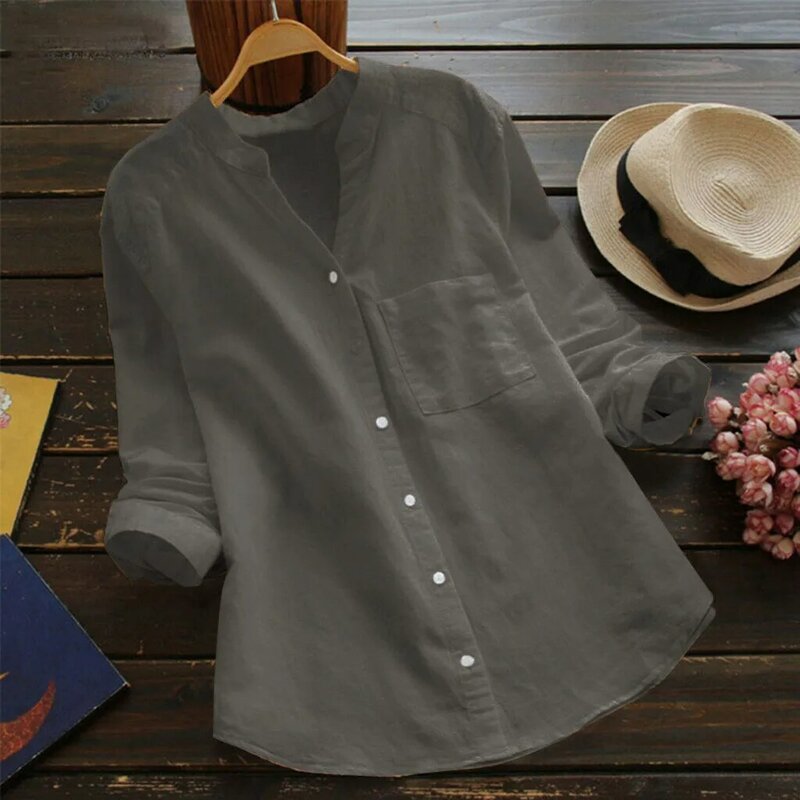 Camicetta in lino di cotone camicia con bottoni camicette a maniche lunghe in tinta unita camicette e camicette da donna camicetta da donna Blusas 2024