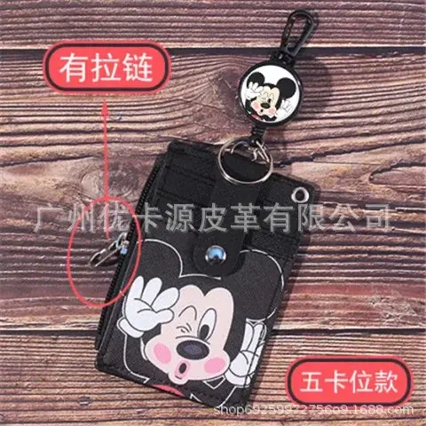 Disney-tarjetero retráctil de Mickey para colgar en el cuello, Funda de cuero con dibujos animados para tarjetas de identificación, Stitch, para autobús, regalo