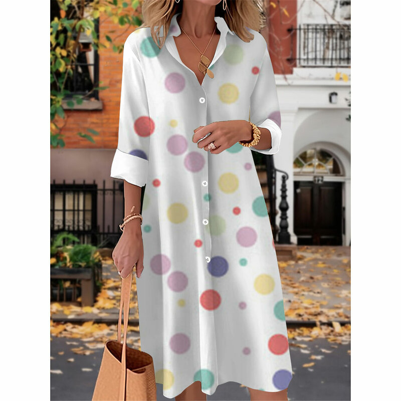 Gaun wanita motif Polka Dot, gaun lengan panjang wanita, baju blok warna, S-5XL, Musim Panas 2024, kasual panjang, modis, warna