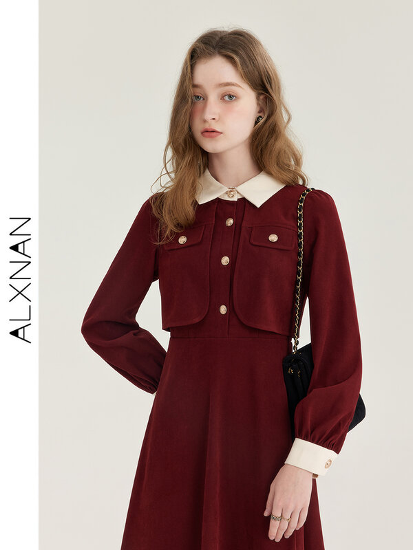 ALXNAN Fashion Fake Two-piece Dress Women's 2024 Autumn Winter New French Retro Red Long Sleeve Elegant A-Line Midi Dress T01002