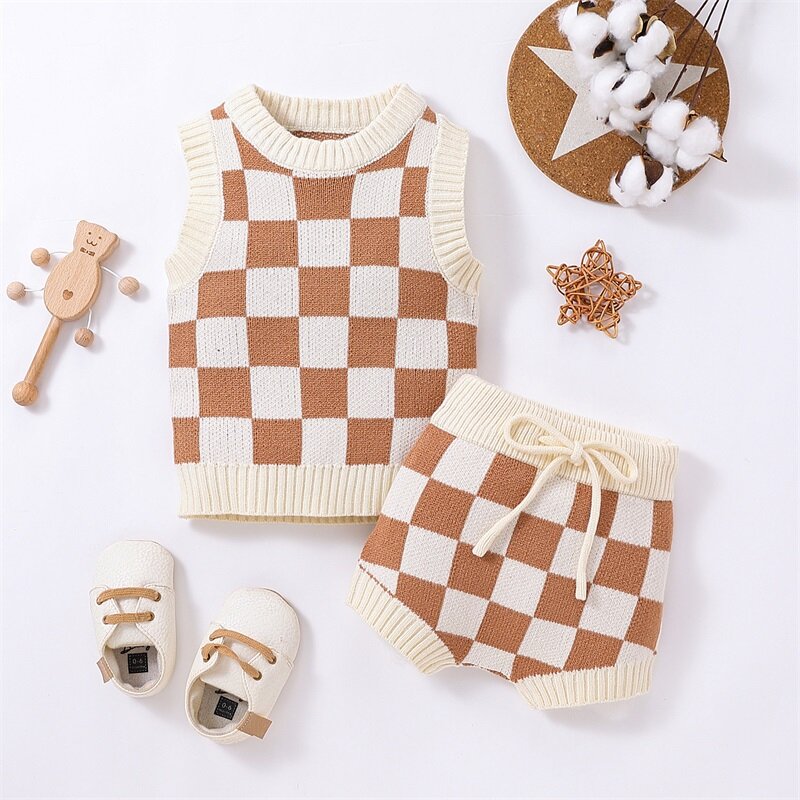 Newborn Baby Boys Girls Two Pieces Clothes Outfits O-neck Sleeveless Checkerboard Printed Knitted Swater Vest + Tie-Up Shorts